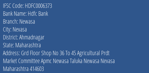 Hdfc Bank Newasa Branch Ahmadnagar IFSC Code HDFC0006373