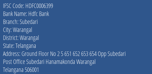 Hdfc Bank Subedari Branch Warangal IFSC Code HDFC0006399