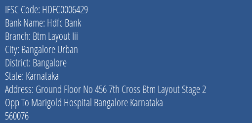 Hdfc Bank Btm Layout Iii Branch Bangalore IFSC Code HDFC0006429