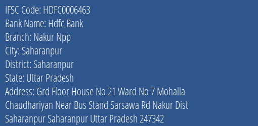 Hdfc Bank Nakur Npp Branch Saharanpur IFSC Code HDFC0006463