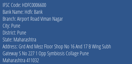 Hdfc Bank Airport Road Viman Nagar Branch Pune IFSC Code HDFC0006600