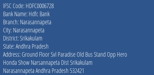 Hdfc Bank Narasannapeta Branch Srikakulam IFSC Code HDFC0006728