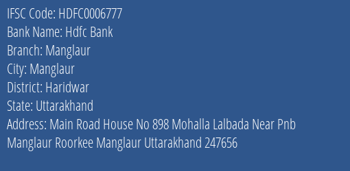 Hdfc Bank Manglaur Branch Haridwar IFSC Code HDFC0006777