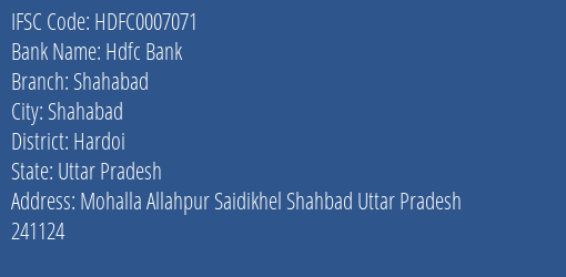 Hdfc Bank Shahabad Branch Hardoi IFSC Code HDFC0007071