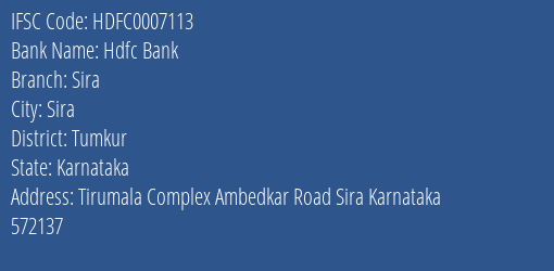 Hdfc Bank Sira Branch Tumkur IFSC Code HDFC0007113