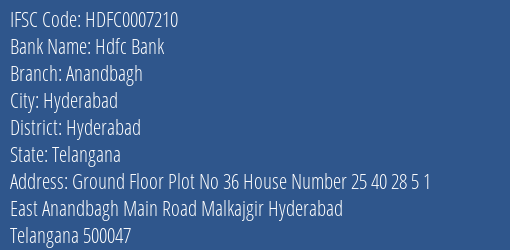 Hdfc Bank Anandbagh Branch Hyderabad IFSC Code HDFC0007210
