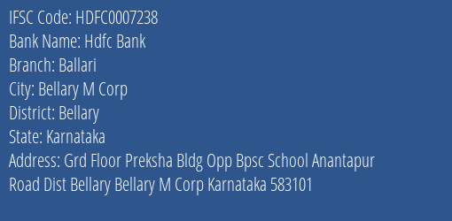 Hdfc Bank Ballari Branch Bellary IFSC Code HDFC0007238
