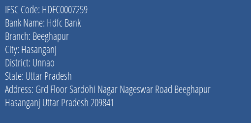 Hdfc Bank Beeghapur Branch Unnao IFSC Code HDFC0007259
