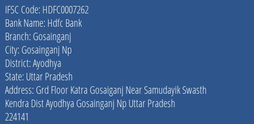 Hdfc Bank Gosainganj Branch Ayodhya IFSC Code HDFC0007262