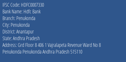 Hdfc Bank Penukonda Branch Anantapur IFSC Code HDFC0007330