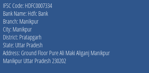 Hdfc Bank Manikpur Branch Pratapgarh IFSC Code HDFC0007334