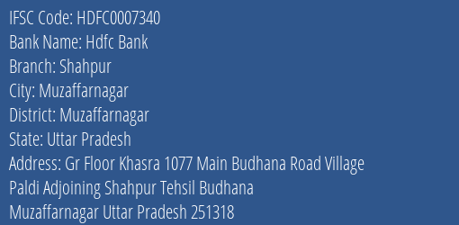 Hdfc Bank Shahpur Branch Muzaffarnagar IFSC Code HDFC0007340