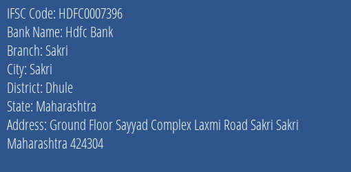 Hdfc Bank Sakri Branch Dhule IFSC Code HDFC0007396