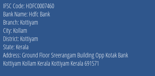 Hdfc Bank Kottiyam Branch Kottiyam IFSC Code HDFC0007460