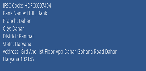 Hdfc Bank Dahar Branch Panipat IFSC Code HDFC0007494