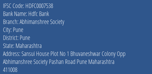 Hdfc Bank Abhimanshree Society Branch Pune IFSC Code HDFC0007538