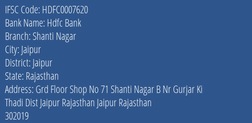 Hdfc Bank Shanti Nagar Branch Jaipur IFSC Code HDFC0007620