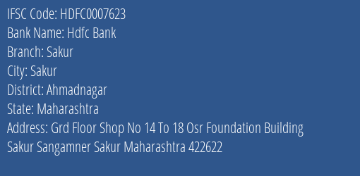 Hdfc Bank Sakur Branch Ahmadnagar IFSC Code HDFC0007623
