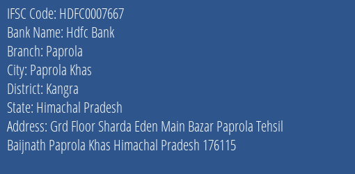 Hdfc Bank Paprola Branch Kangra IFSC Code HDFC0007667