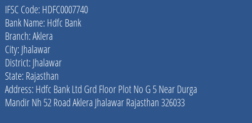 Hdfc Bank Aklera Branch Jhalawar IFSC Code HDFC0007740