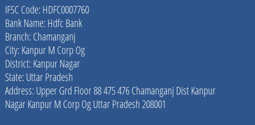 Hdfc Bank Chamanganj Branch Kanpur Nagar IFSC Code HDFC0007760