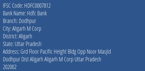 Hdfc Bank Dodhpur Branch, Branch Code 007812 & IFSC Code Hdfc0007812