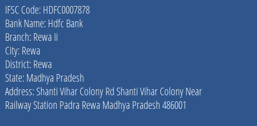 Hdfc Bank Rewa Ii Branch Rewa IFSC Code HDFC0007878
