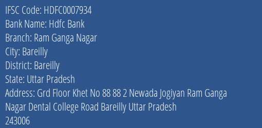 Hdfc Bank Ram Ganga Nagar Branch Bareilly IFSC Code HDFC0007934