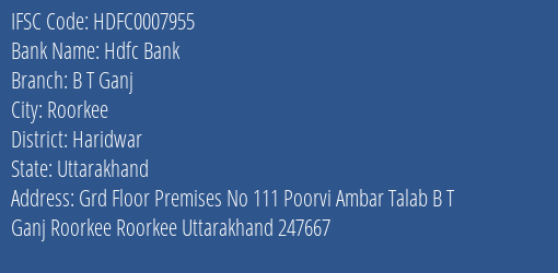 Hdfc Bank B T Ganj Branch Haridwar IFSC Code HDFC0007955
