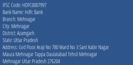 Hdfc Bank Mehnagar Branch Azamgarh IFSC Code HDFC0007997