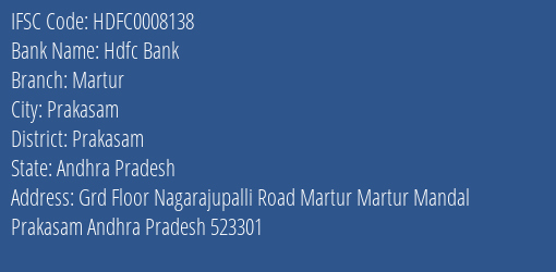 Hdfc Bank Martur Branch Prakasam IFSC Code HDFC0008138