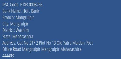 Hdfc Bank Mangrulpir Branch Washim IFSC Code HDFC0008256