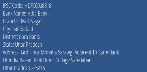 Hdfc Bank Tikait Nagar Branch Bara Banki IFSC Code HDFC0008318