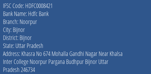 Hdfc Bank Noorpur Branch, Branch Code 008421 & IFSC Code Hdfc0008421