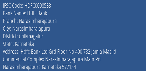 Hdfc Bank Narasimharajapura Branch Chikmagalur IFSC Code HDFC0008533