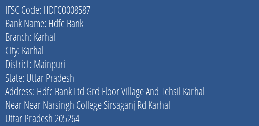 Hdfc Bank Karhal Branch Mainpuri IFSC Code HDFC0008587