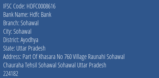 Hdfc Bank Sohawal Branch Ayodhya IFSC Code HDFC0008616