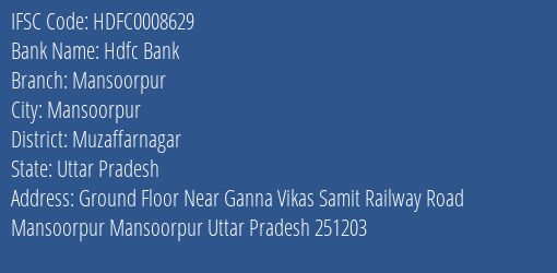 Hdfc Bank Mansoorpur Branch, Branch Code 008629 & IFSC Code Hdfc0008629
