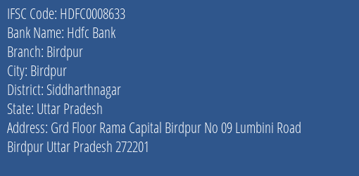 Hdfc Bank Birdpur Branch Siddharthnagar IFSC Code HDFC0008633