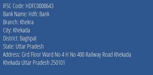 Hdfc Bank Khekra Branch Baghpat IFSC Code HDFC0008643