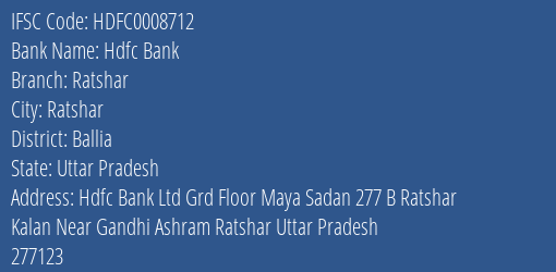 Hdfc Bank Ratshar Branch Ballia IFSC Code HDFC0008712