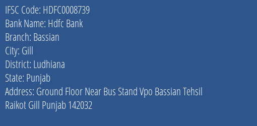 Hdfc Bank Bassian Branch Ludhiana IFSC Code HDFC0008739