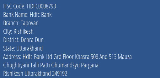 Hdfc Bank Tapovan Branch Dehra Dun IFSC Code HDFC0008793