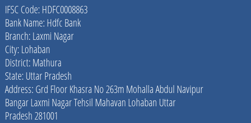 Hdfc Bank Laxmi Nagar Branch Mathura IFSC Code HDFC0008863
