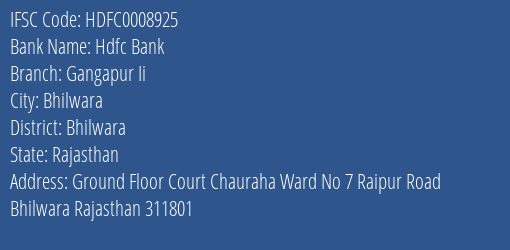 Hdfc Bank Gangapur Ii Branch Bhilwara IFSC Code HDFC0008925