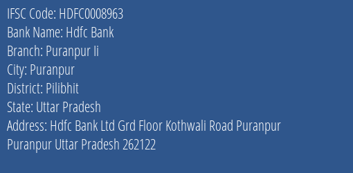 Hdfc Bank Puranpur Ii Branch Pilibhit IFSC Code HDFC0008963