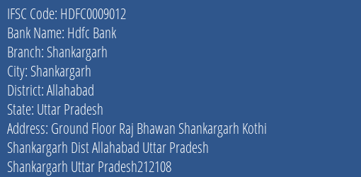 Hdfc Bank Shankargarh Branch Allahabad IFSC Code HDFC0009012