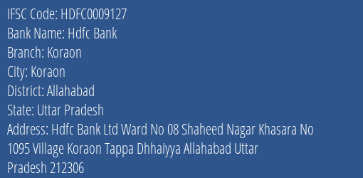 Hdfc Bank Koraon Branch Allahabad IFSC Code HDFC0009127