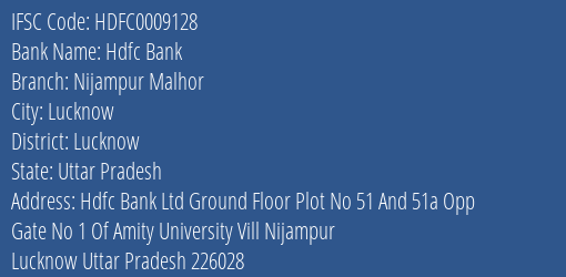 Hdfc Bank Nijampur Malhor Branch Lucknow IFSC Code HDFC0009128