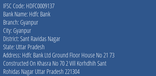 Hdfc Bank Gyanpur Branch Sant Ravidas Nagar IFSC Code HDFC0009137